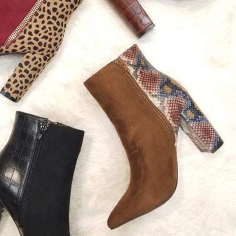 Bamboo Cognac Snake Print Color Block Heel Boot 10 - image 5